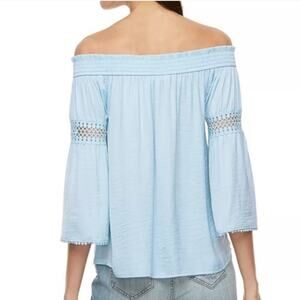 Jennifer Lopez Smocked Light Blue Off-Shoulder Flare Sleeve Top